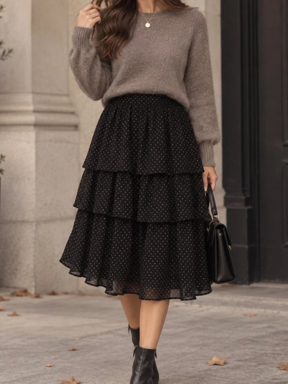 J.Crew Pin-Dot Ruffled Tiered Black and White Skirt- Size L- NWT
